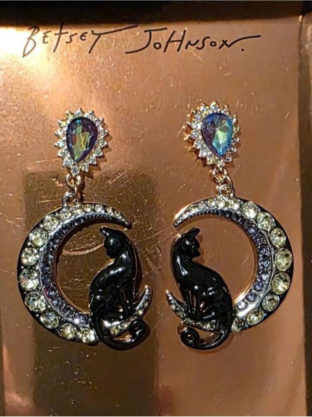 Betsey Johnson Midnight Meow Magic Black Cat Crescent Moon Drop Earrings